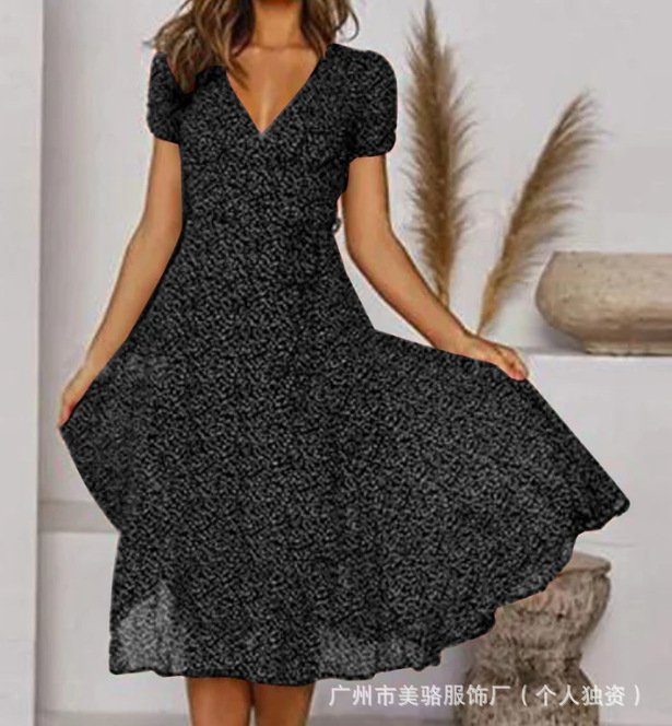 Women's Short Sleeve V-Neck Polka Dot Print Midi Dress