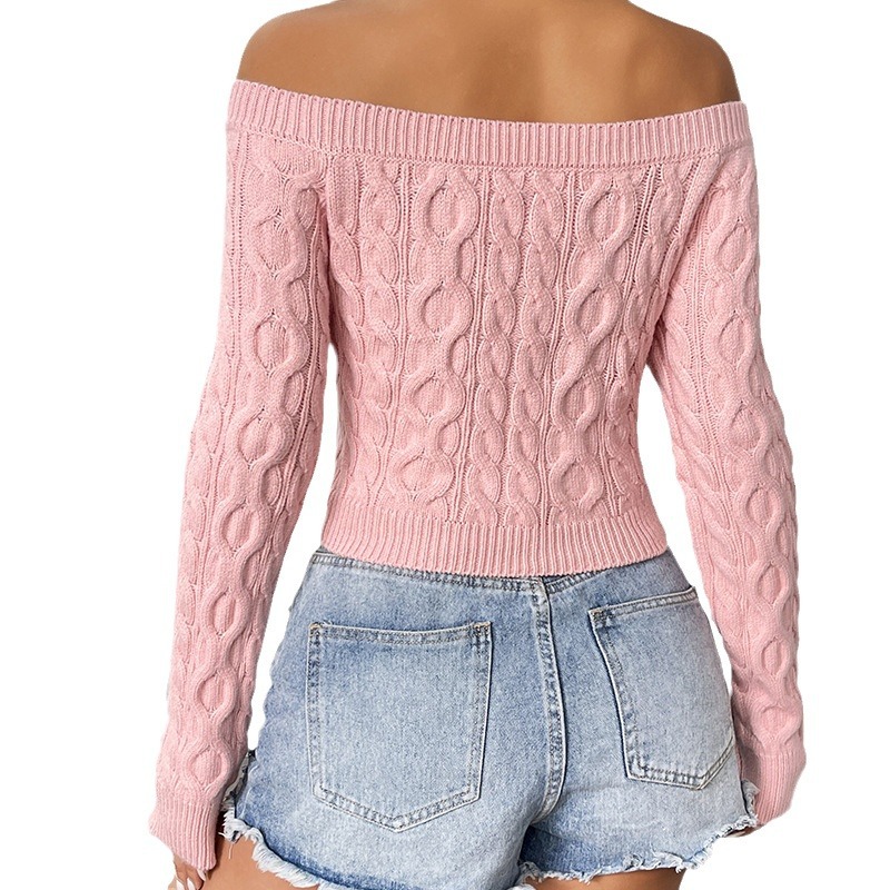 Women's Off-Shoulder Cropped Knit Sweater Slim Fit Sweet Pink