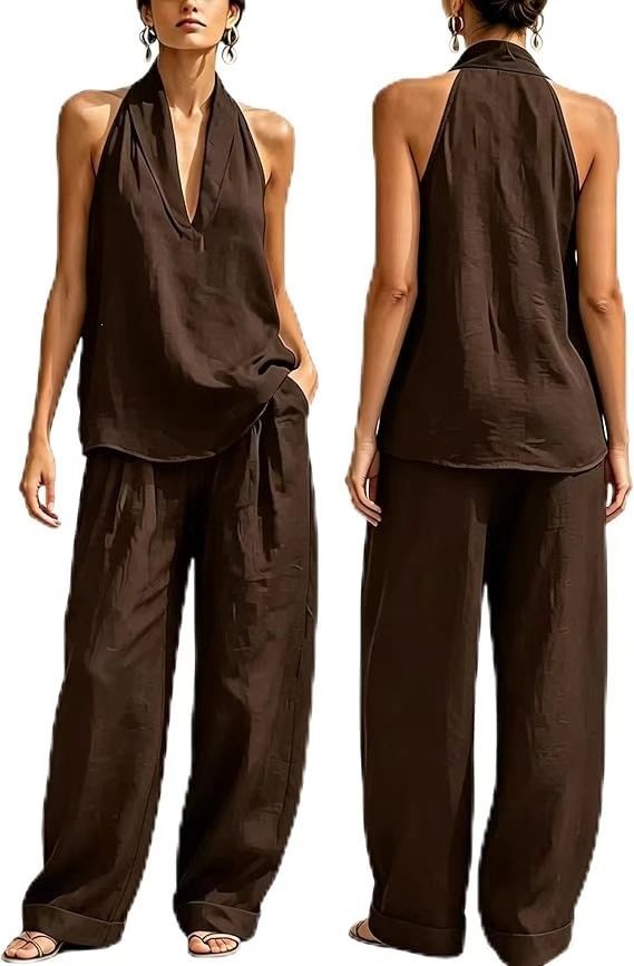 Women's Halter V-Neck Sleeveless Casual Two-Piece Pants Set