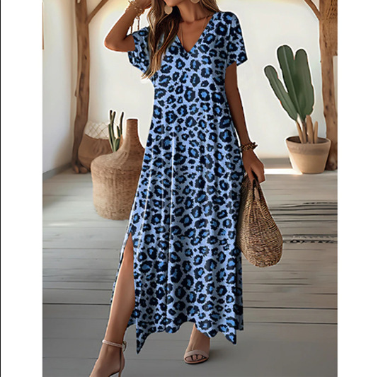 Women's Printed V-Neck Short Sleeve Loose Long Dress