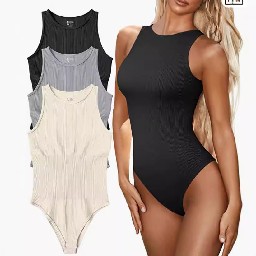 Women's Sleeveless Ribbed Bodysuit High Neck Solid Color