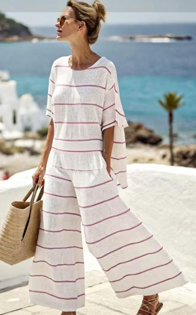Striped Bohemian Print Short Sleeve Top & Pants Casual Set