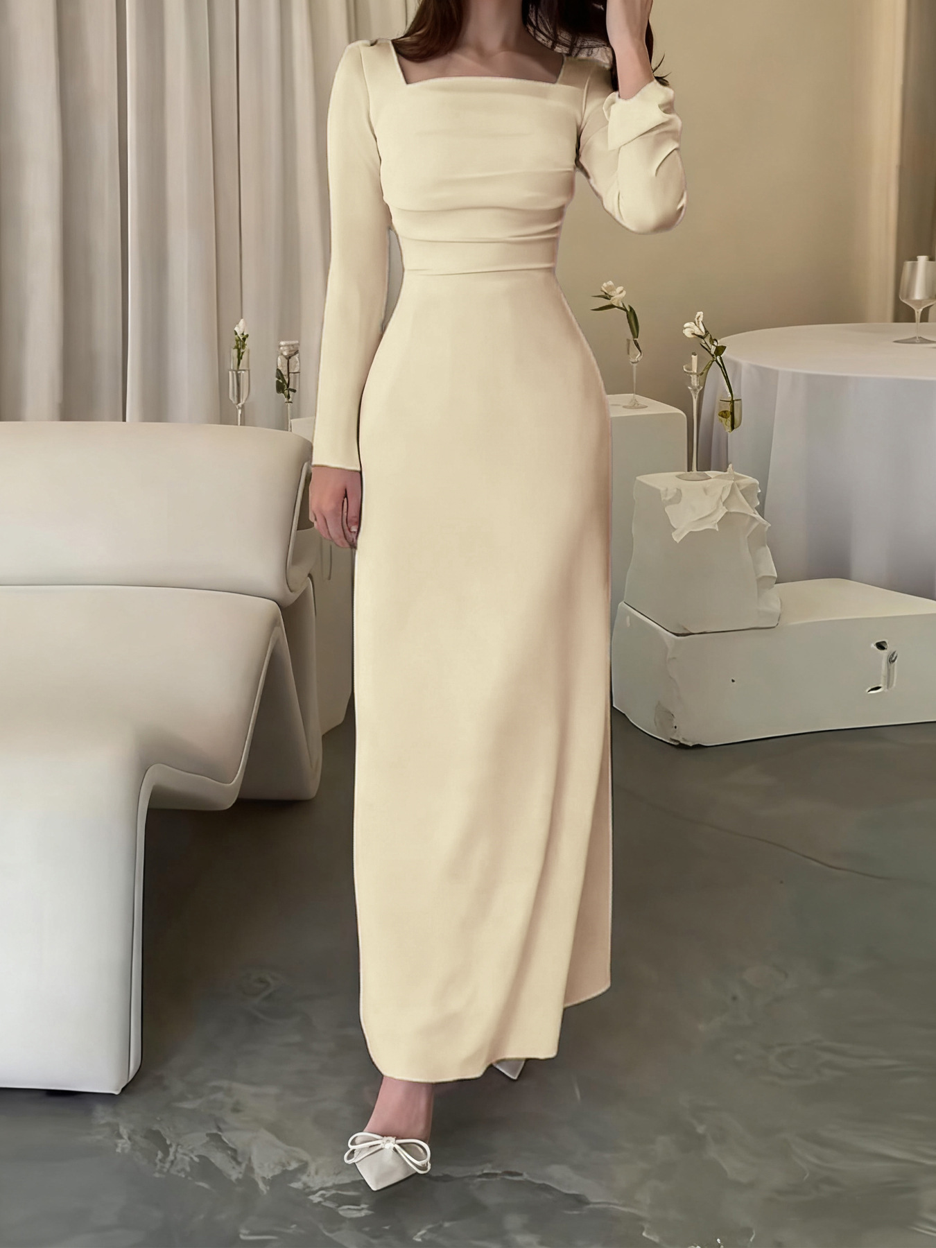 Women's Square Neck Long Sleeve Knit Dress Slim Fit Long Dress