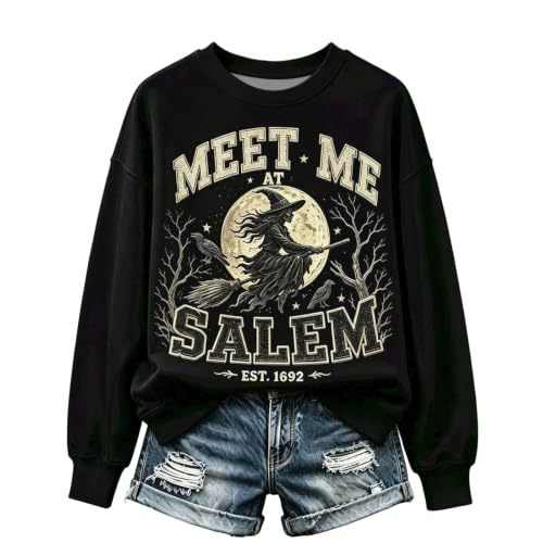Halloween Witch Castle Print Crewneck Long Sleeve Pullover Sweatshirt