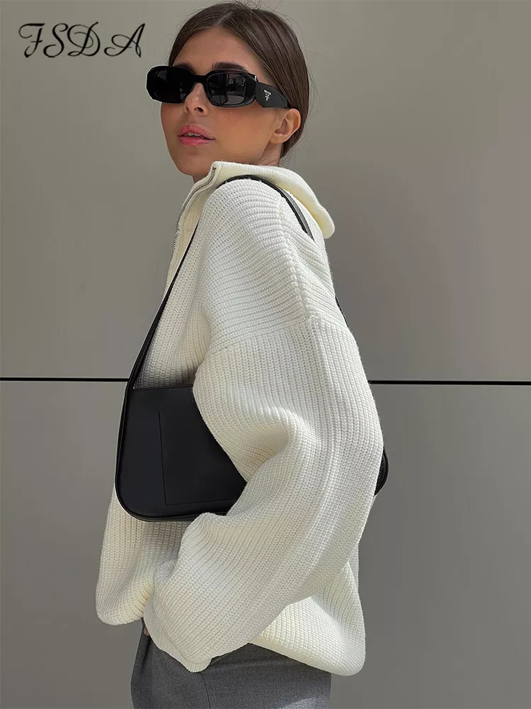 Women's V-Neck Zip Loose Knit Sweater