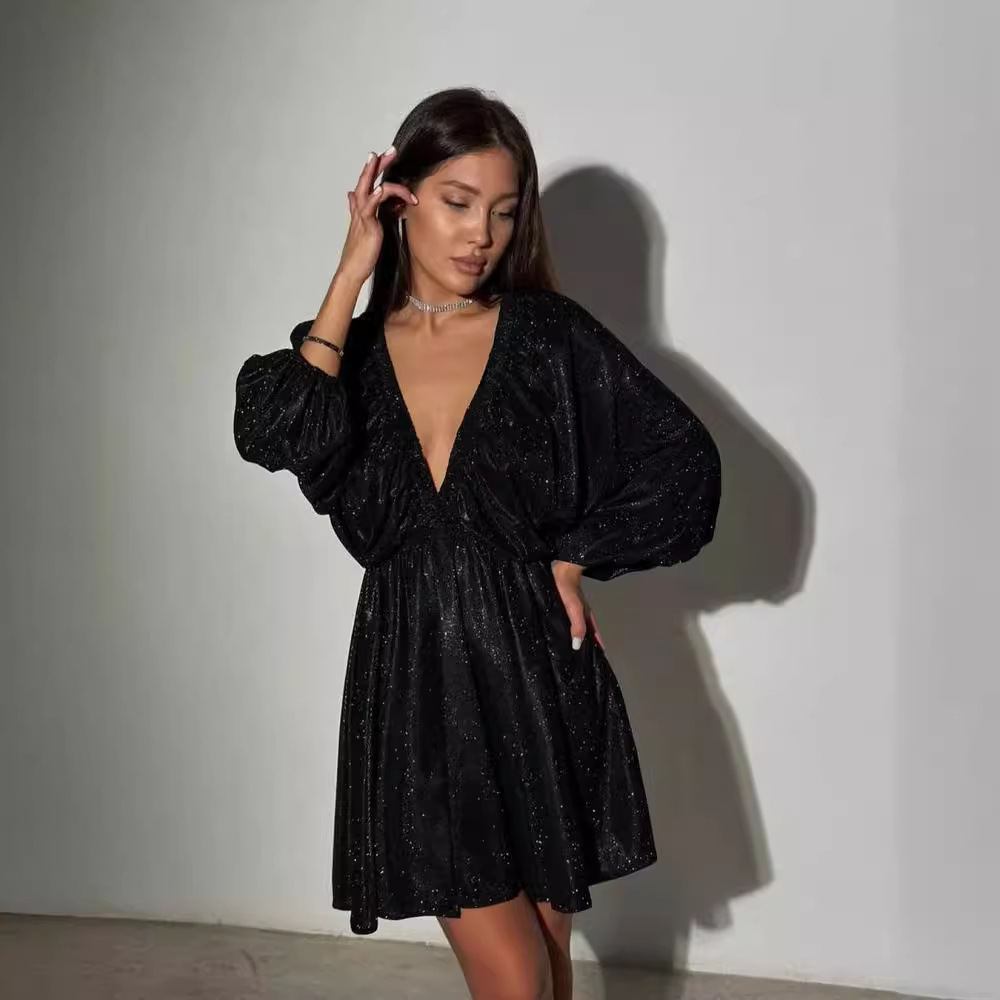 V-Neck Pleated Mini Dress Solid Color Long Sleeve High Waist