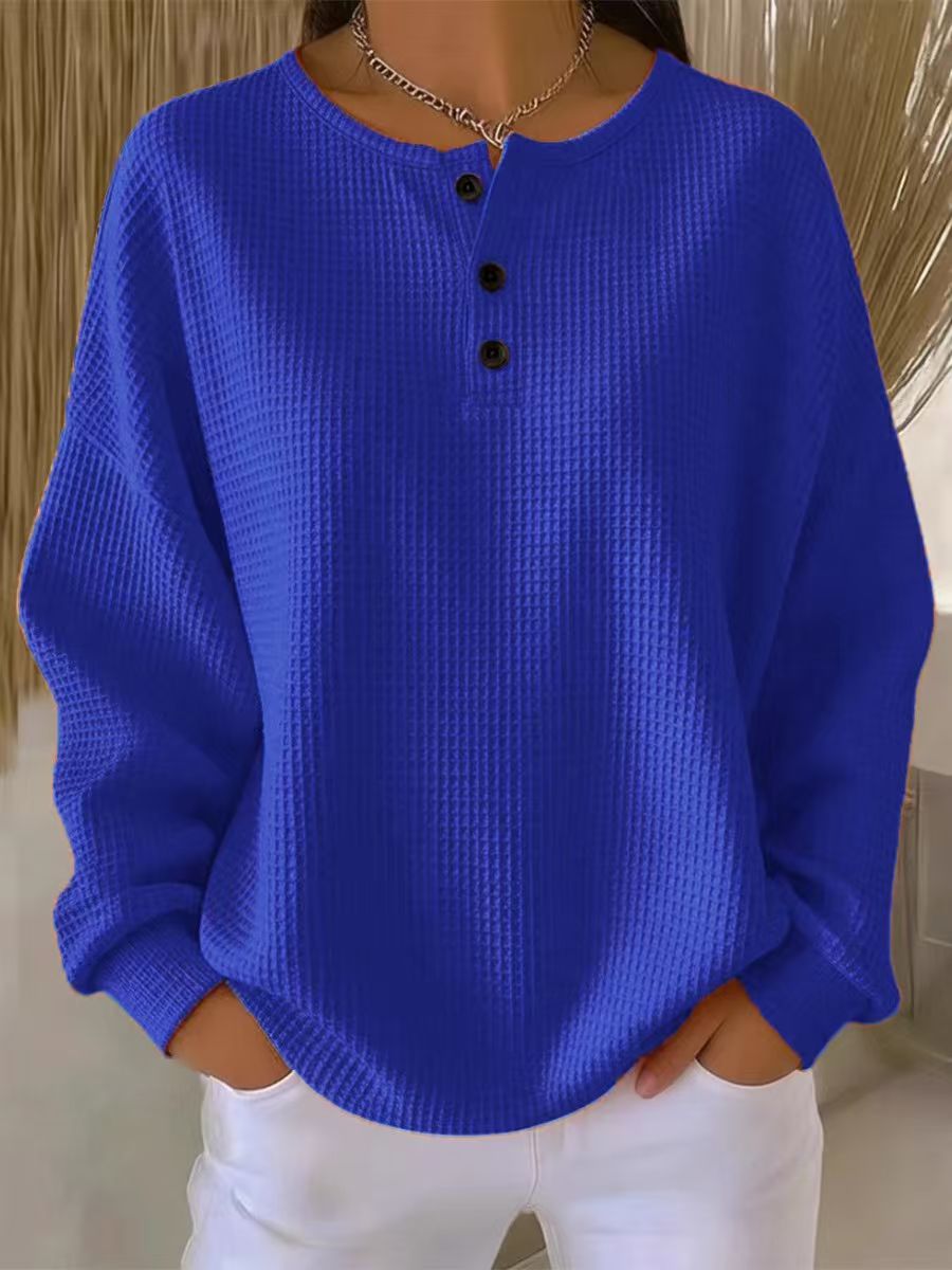 Waffle Knit Crewneck Pullover Loose Fit Solid Color Top