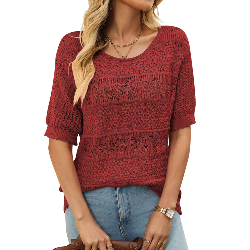 Women's Round Neck Hollow Out Short Sleeve Knit Sweater