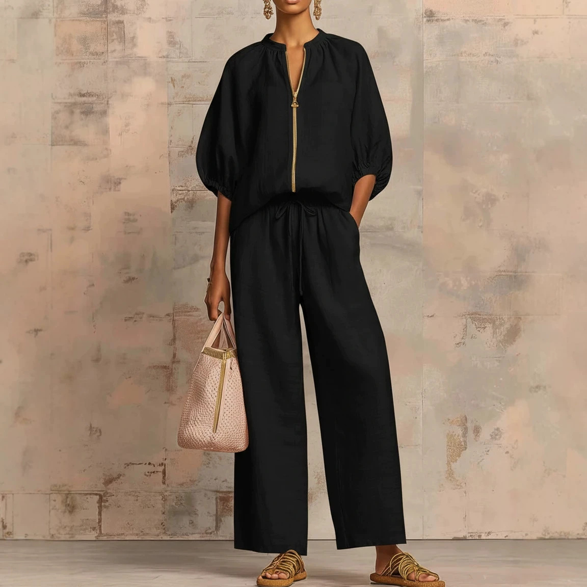 Elegant Solid Two-Piece Set: Crew Neck Mid-Sleeve Top & Wide-Leg Pants