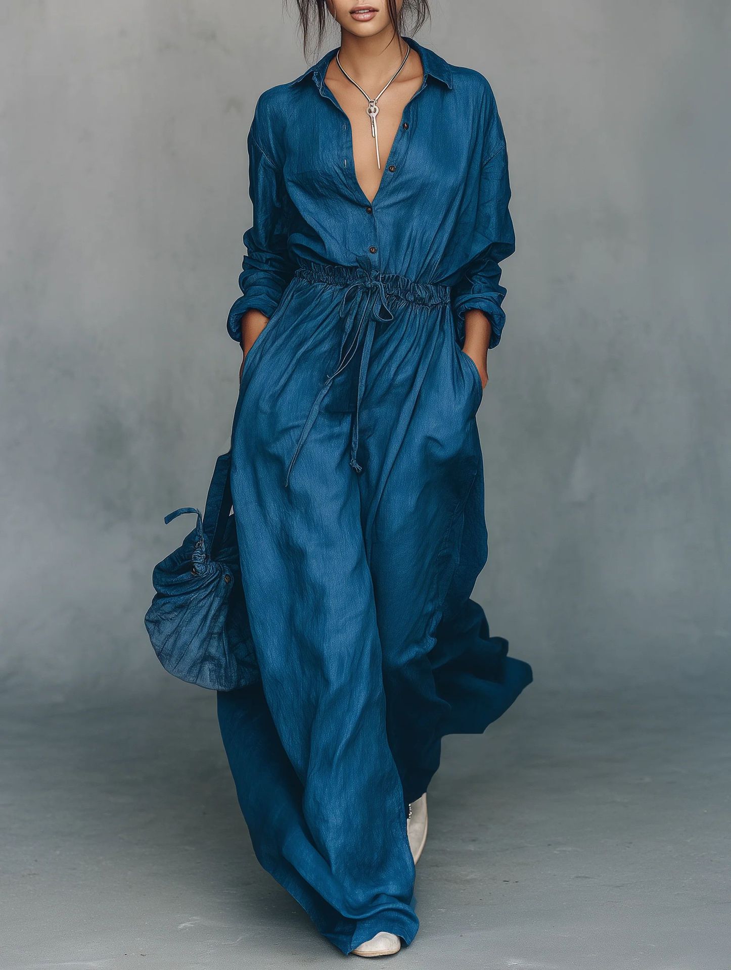Minimalist Long-Sleeve Tie-Waist Two-Piece Set