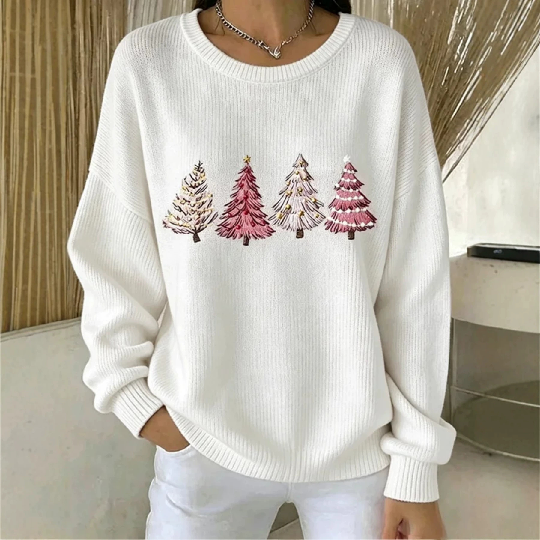 Forest Tree Print Crewneck Long Sleeve Pullover Sweatshirt