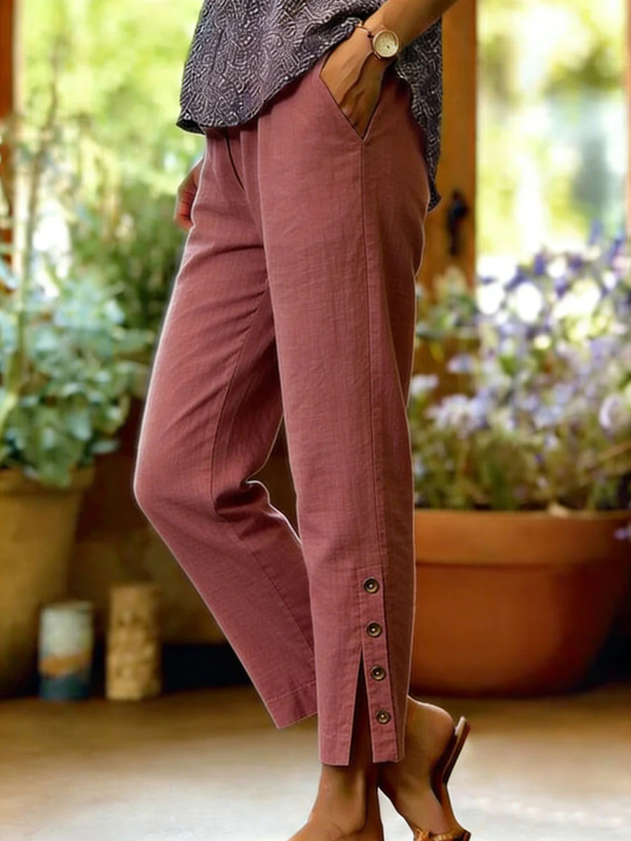 Women's Cotton-Linen Straight-Leg Cropped Pants with Side Buttons