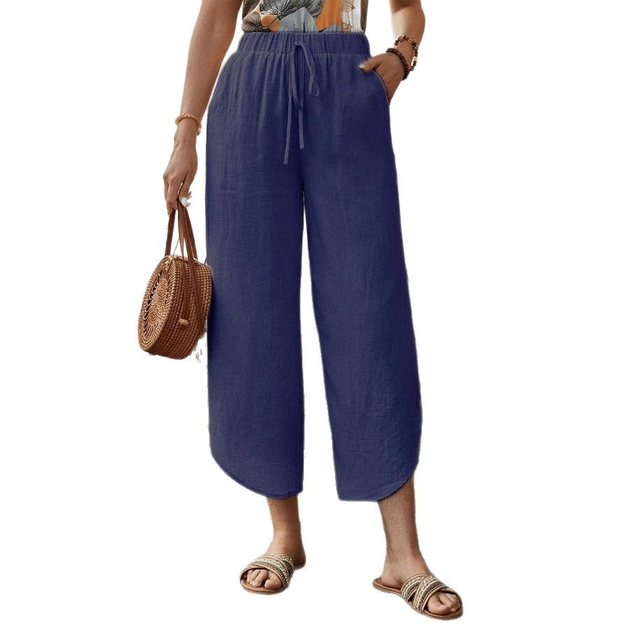 Women's Casual Cotton Linen High Waist Wide Leg Cropped Pants
