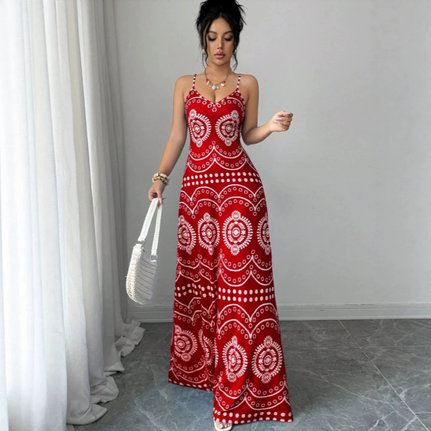 Women's Sleeveless V-Neck Printed Maxi Dress Slim Fit Summer