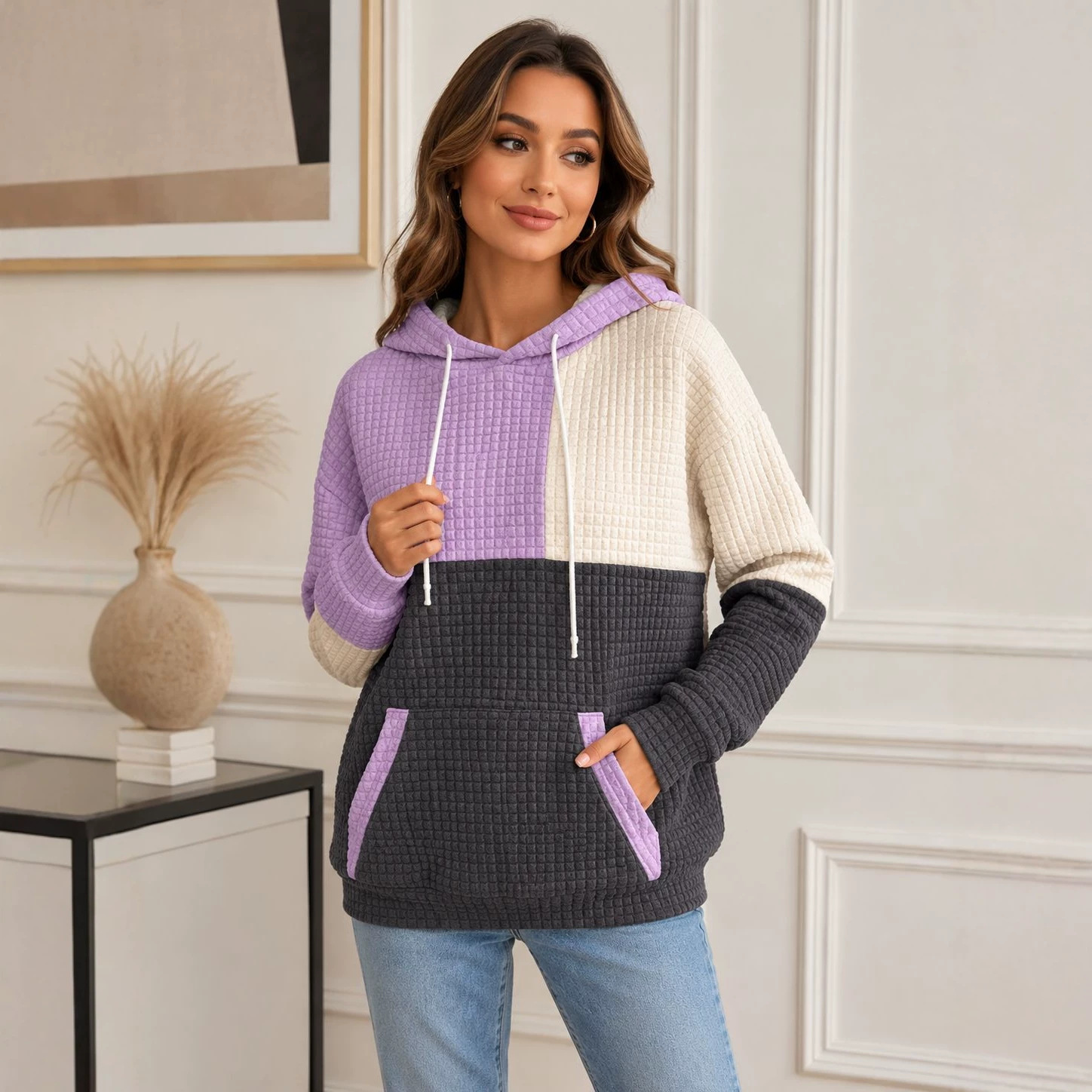 Plus Size Colorblock Waffle Knit Hoodie Women's Pullover