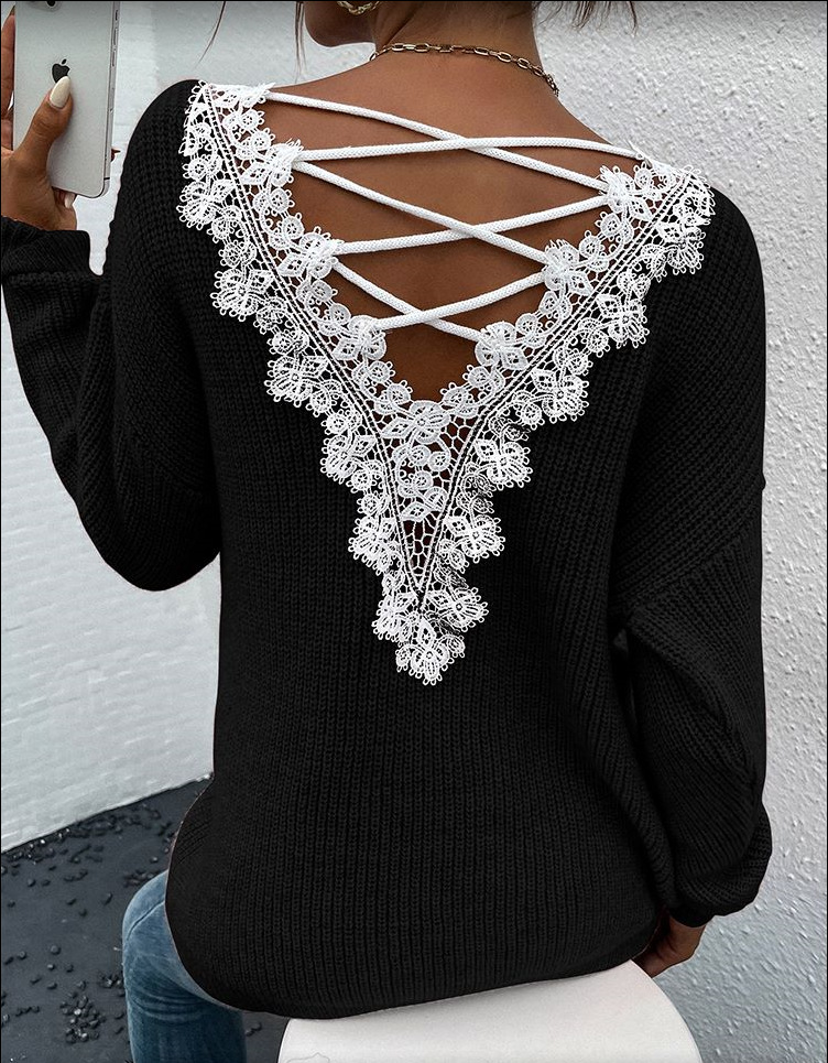French Lace V-Neck Open-Back Long-Sleeve Sweater