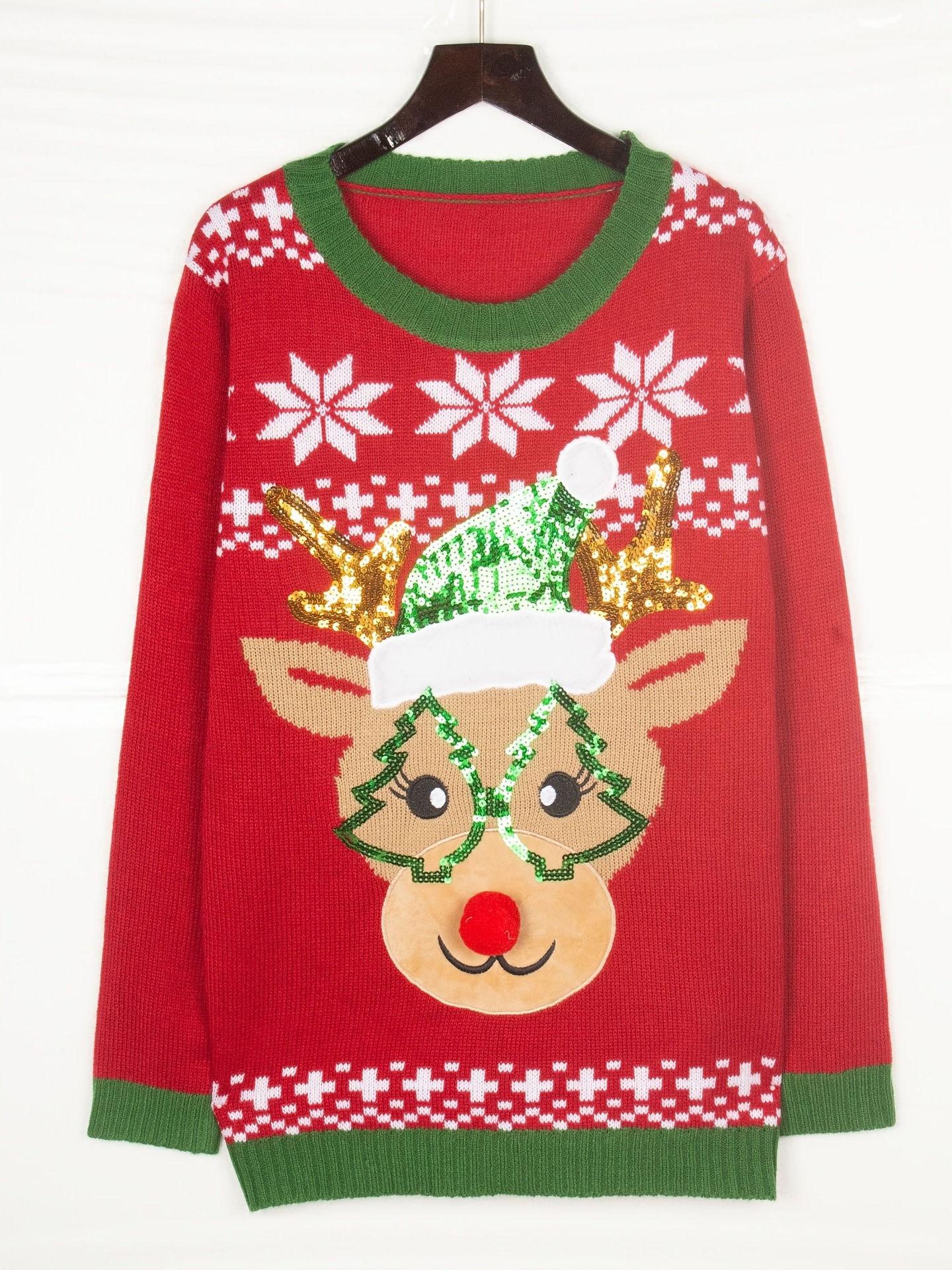 Snowflake Sequin Knit Sweater Round Neck Long Sleeve Pullover