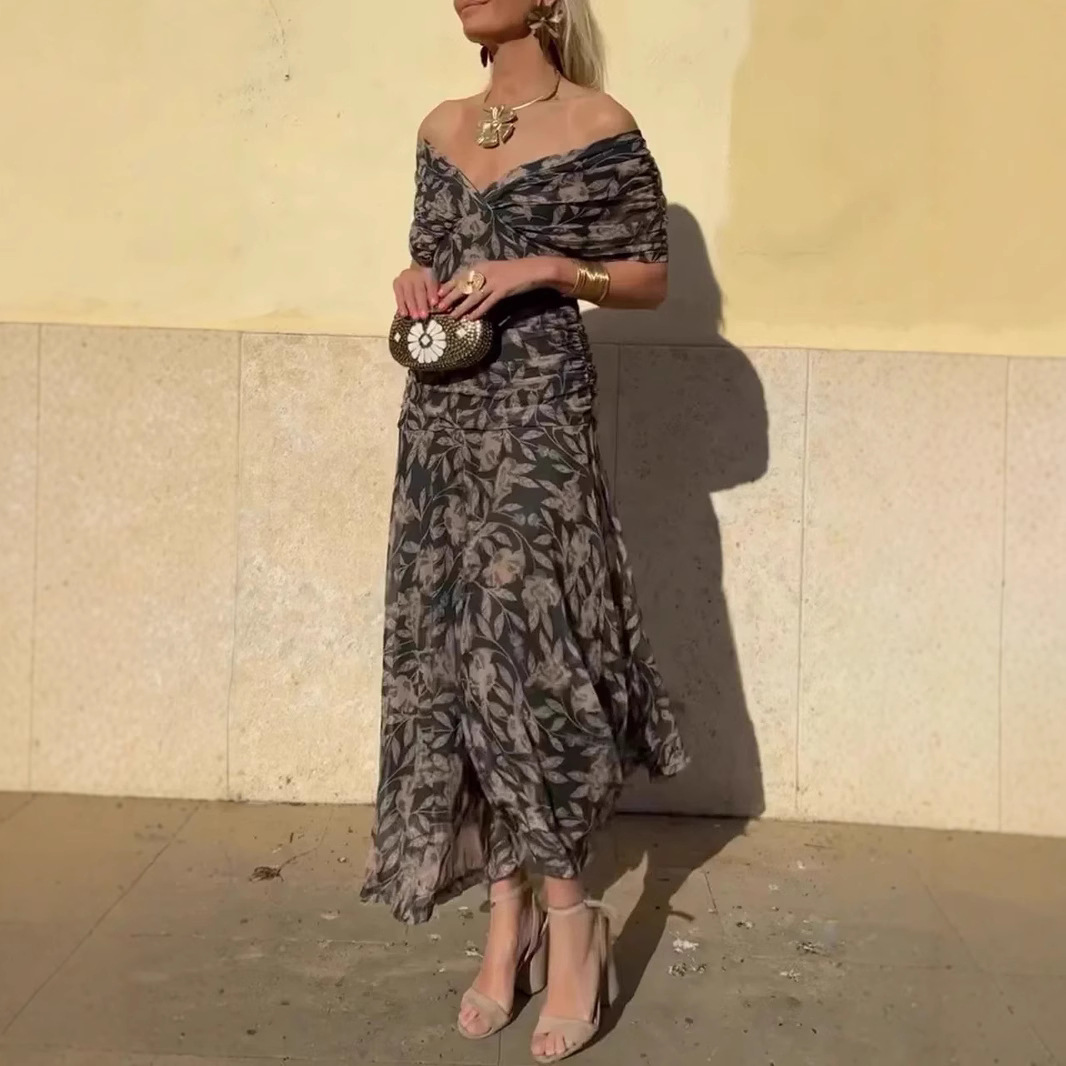 Women's V-Neck Print Long Dress