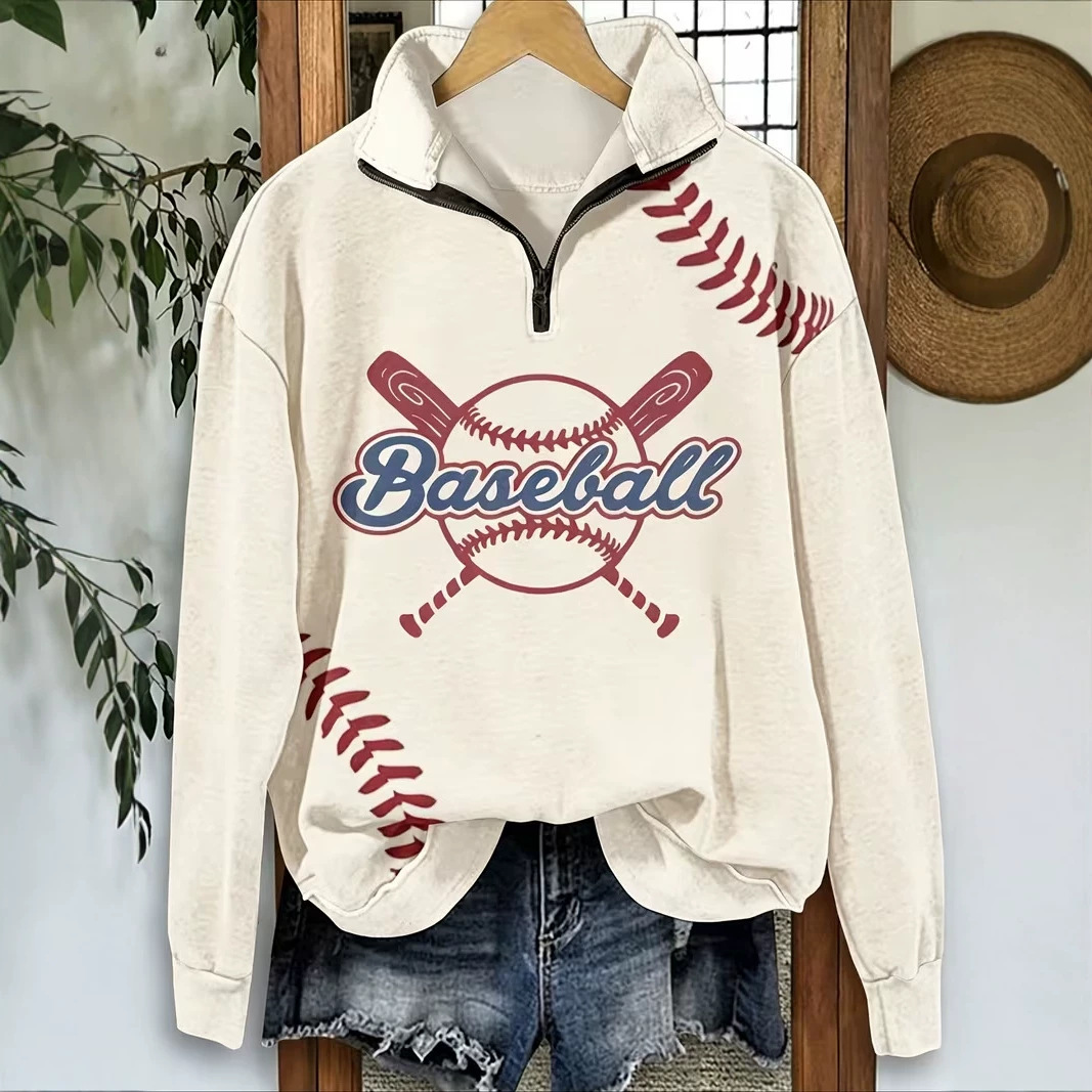 Women's Half-Zip Baseball Letter Print Hoodie