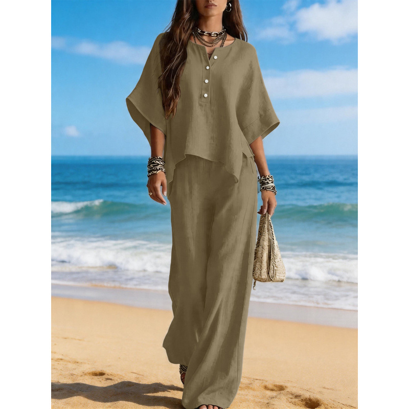 Women's Asymmetrical Round Neck T-Shirt and Pants Two-Piece Set