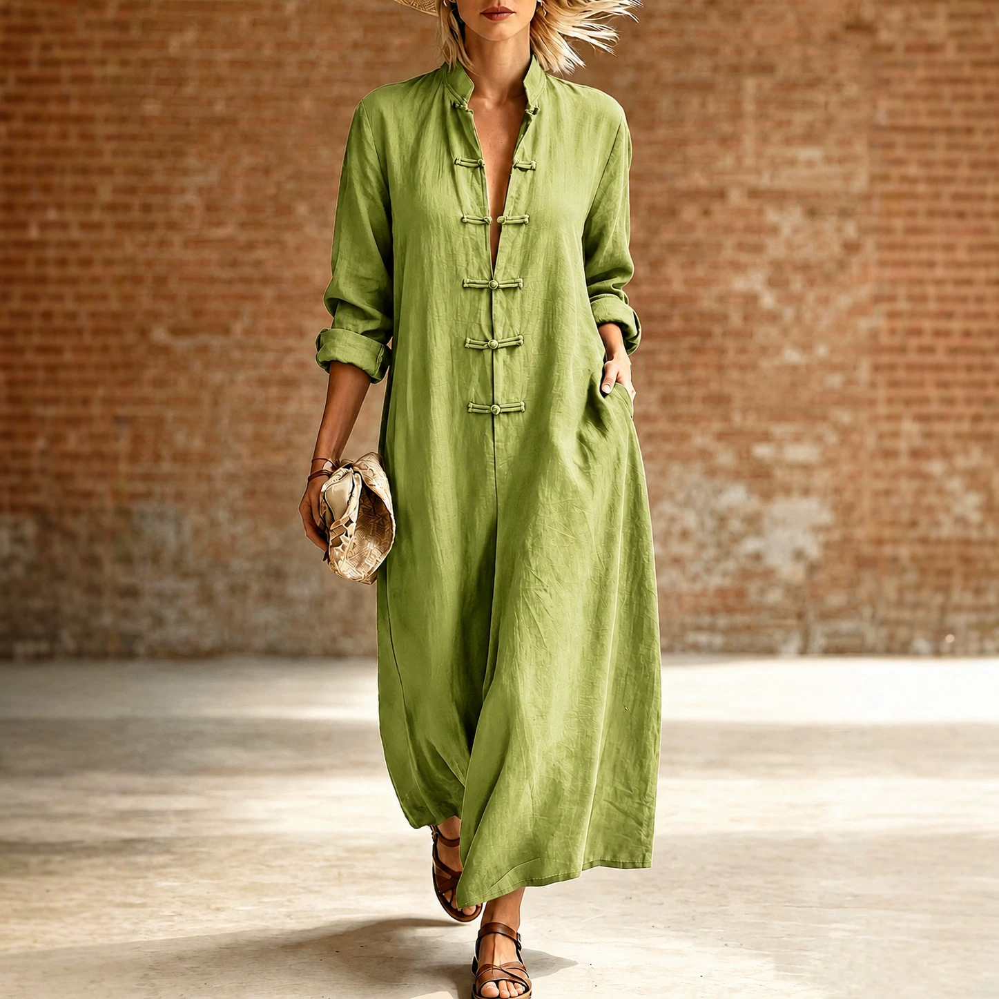 Retro Chinese Frog Button A-Line Dress Long Sleeve Loose Fit