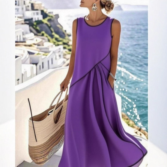 Women's Sleeveless Crew Neck Colorblock Knit Maxi Dress