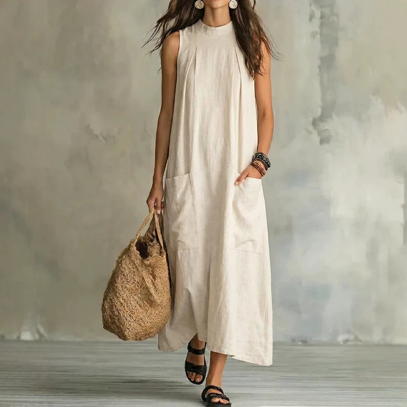 Elegant Linen-Blend Sleeveless Hollow-Out Maxi Dress