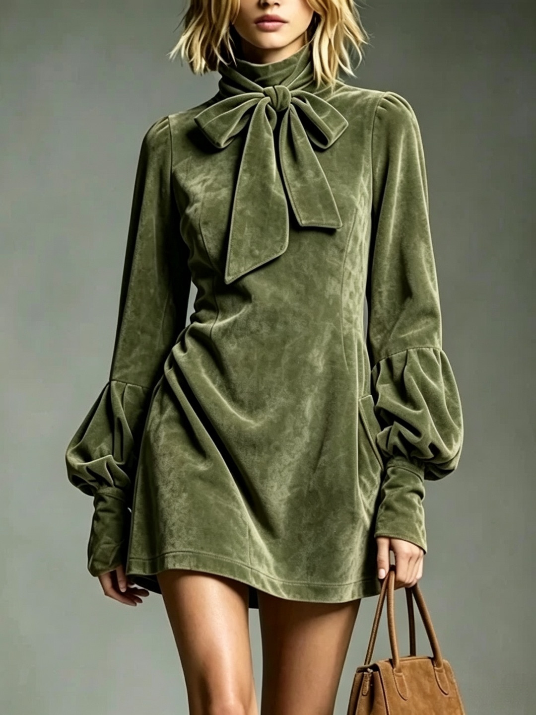Women's High Neck Bow Lantern Sleeve Vintage Dress