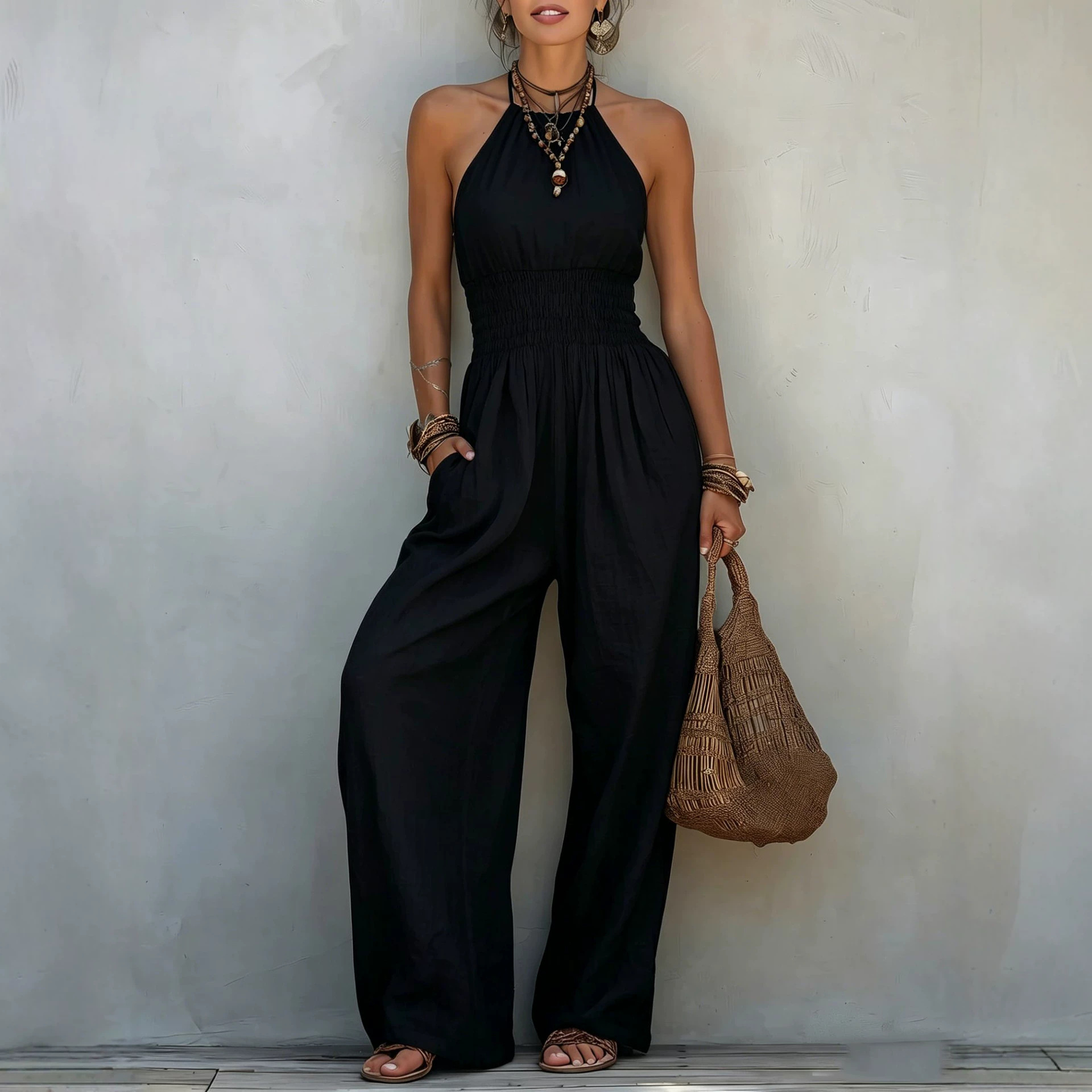 Bohemian Sleeveless Halter Wide-Leg Jumpsuit