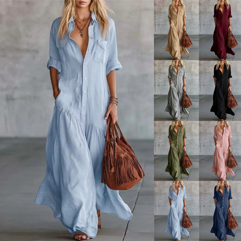 Women's Button-Front Short-Sleeve Solid Shirt Dress Casual Vacation Long Dress