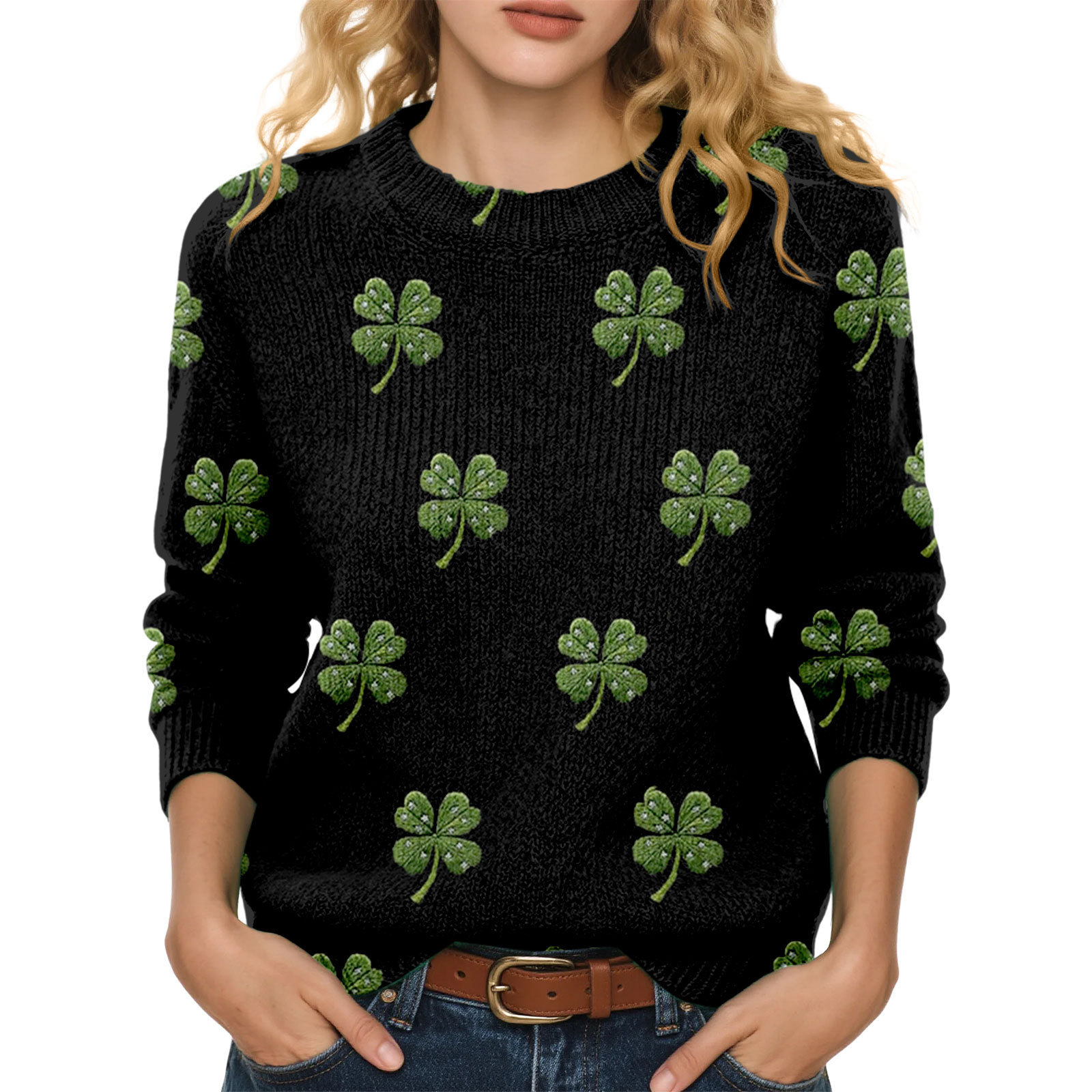 Lucky Clover Print Crewneck Sweatshirt for Women Casual Pullover