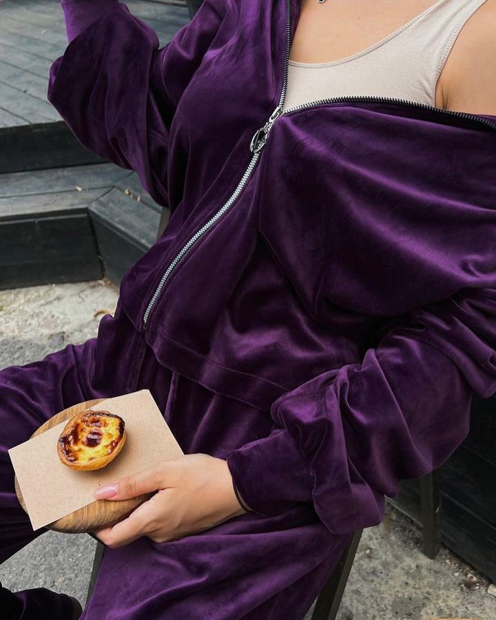 Velvet Zip Sweatshirt & Drawstring Pants Casual Set for Women