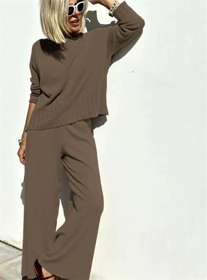 Lazy Style Knit Wide-Leg Pants Set with Pullover Sweater Women's Casual Two-Piece