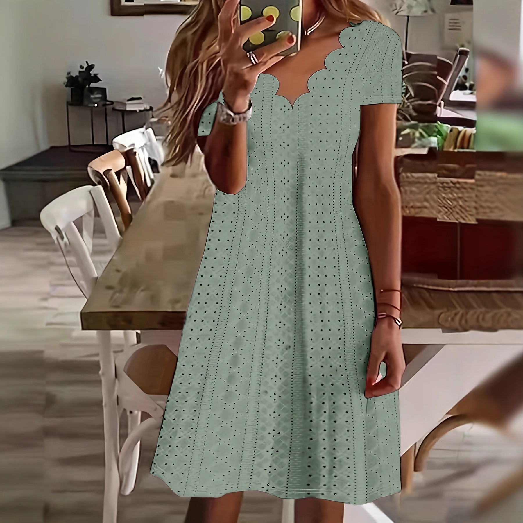 Women's Casual Loose Round Neck Hollow-Out Jacquard Short Sleeve A-Line Dress