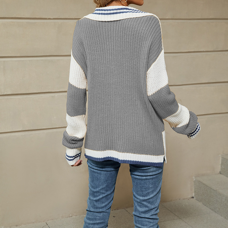 Striped Polo Neck Knit Sweater Loose Fit Pullover