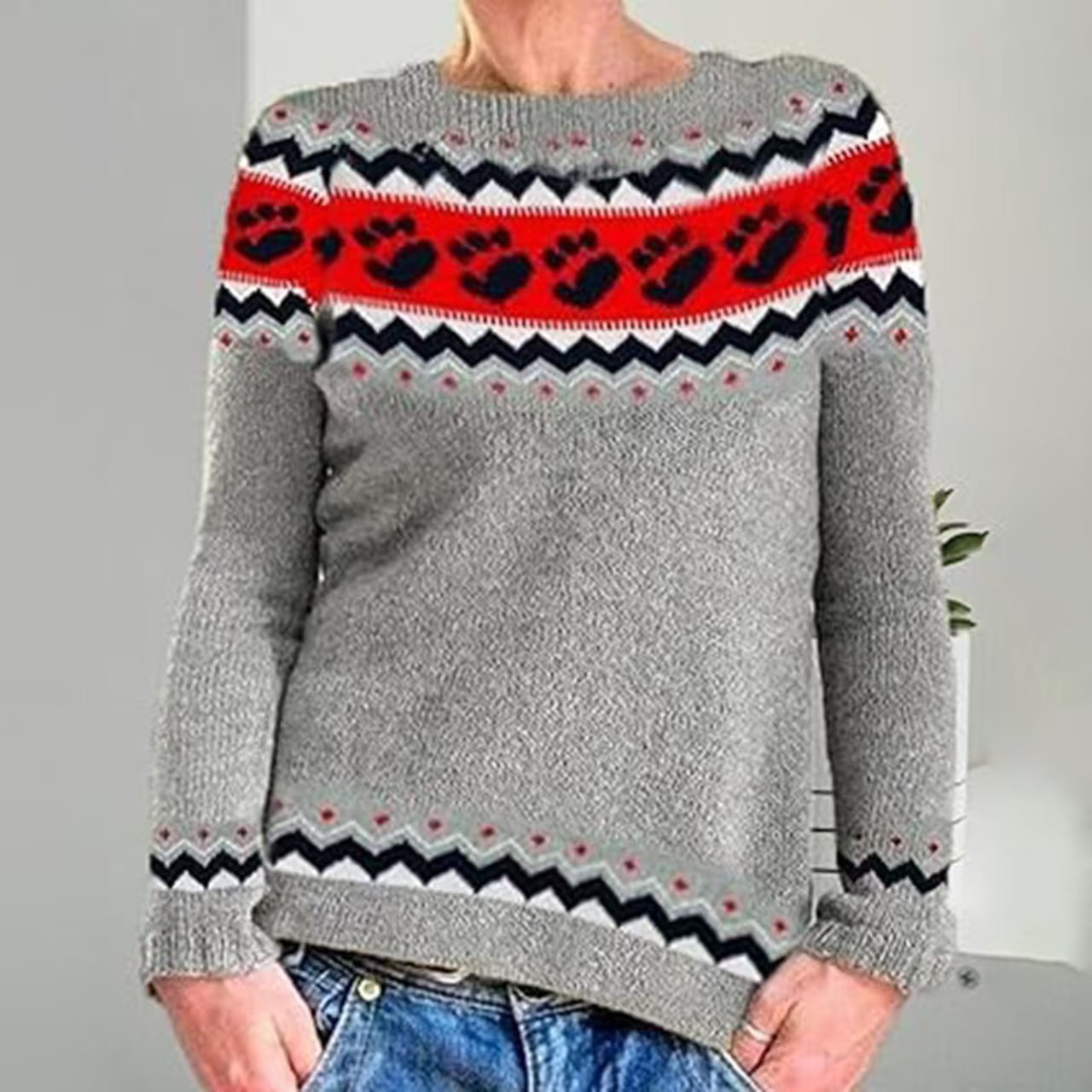 Women's Color-Block Crewneck Loose Knit Pullover Sweater