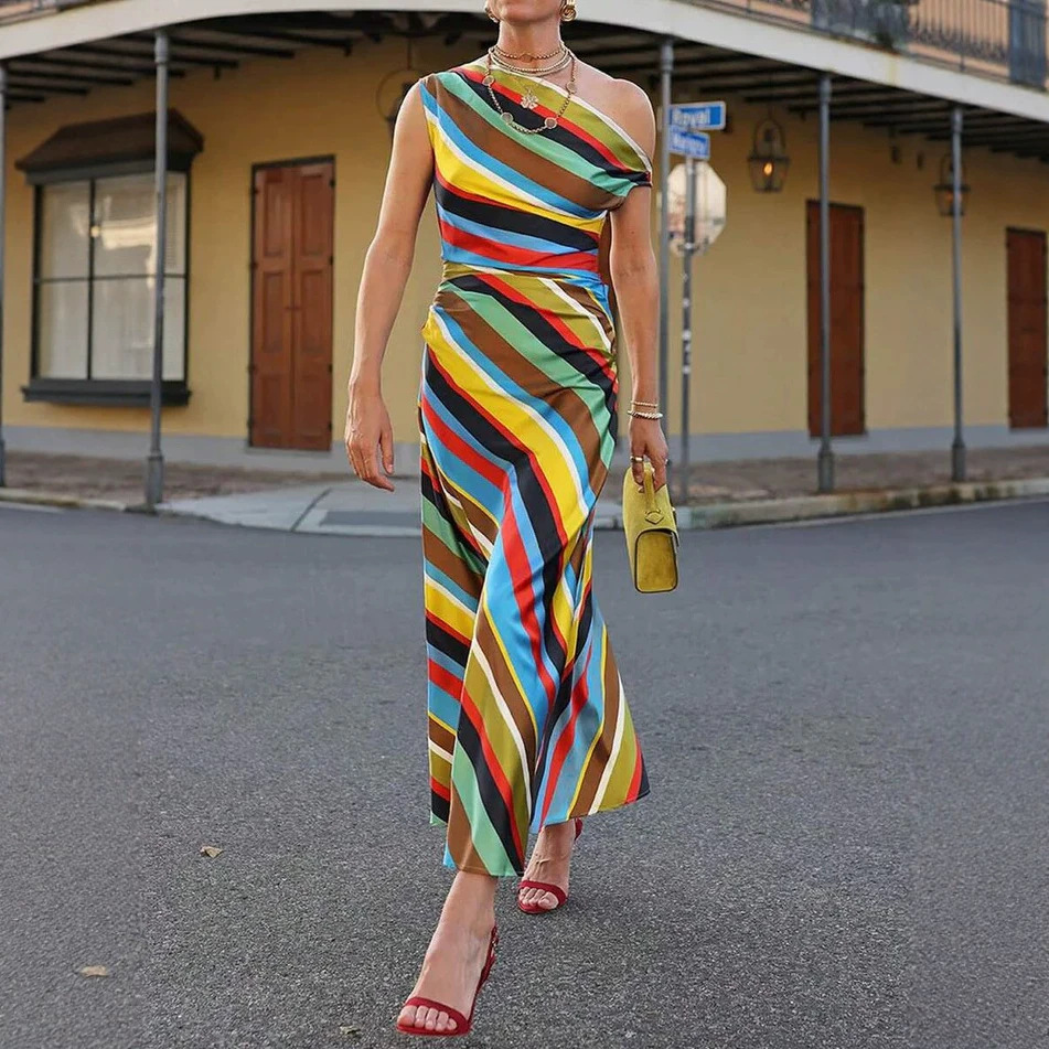 Color-Block Striped One-Shoulder Sleeveless Long Dress