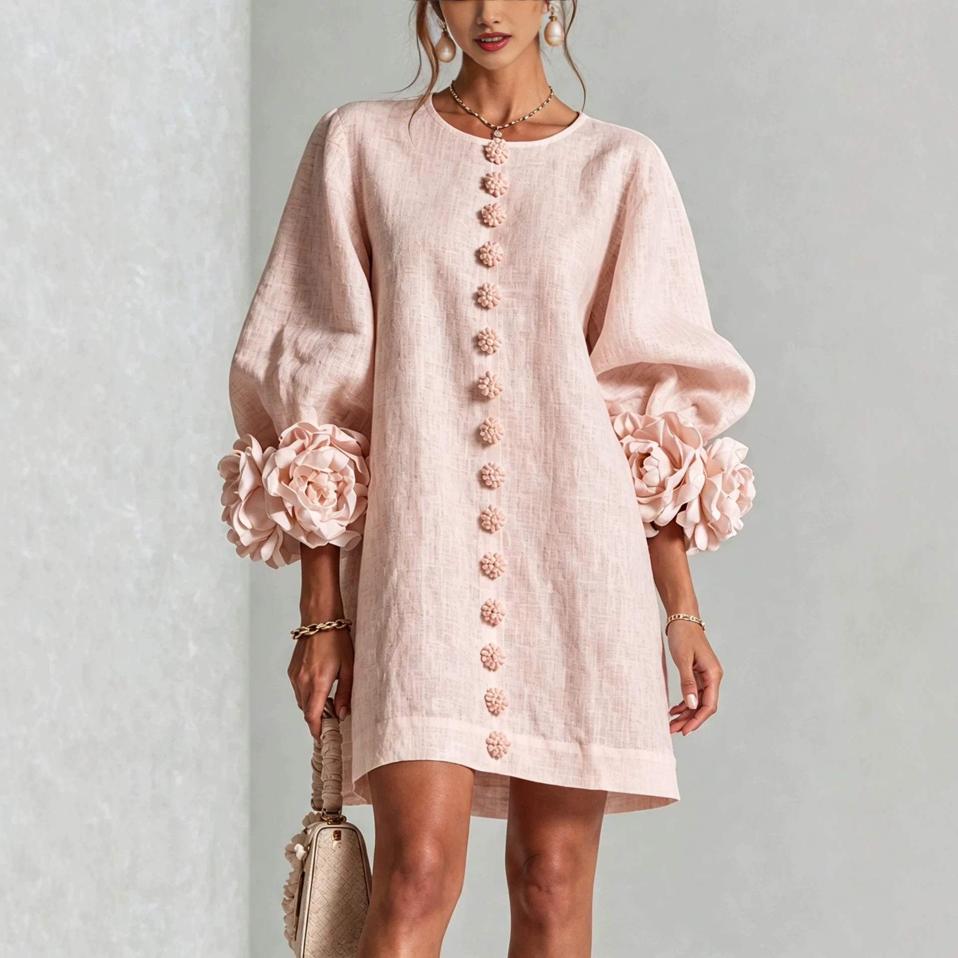 French 3D Floral Lantern Sleeve Cotton-Linen Dress Round Neck Button Front Loose Short