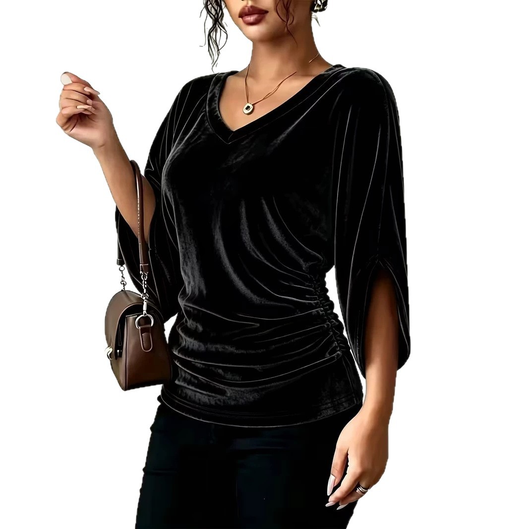 Women's Velvet V-Neck Batwing Sleeve Top