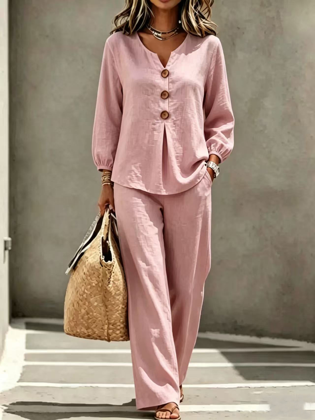 Women's Casual Button V-Neck Ruffle Long Sleeve Top and Pants Set