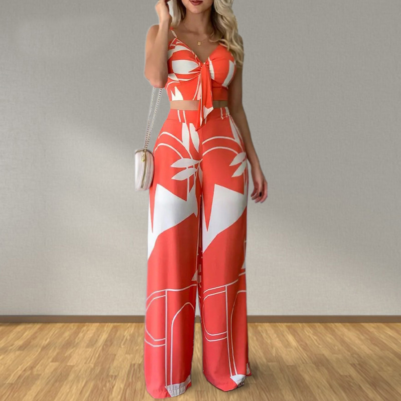 Women's V-Neck Printed Tank Top & Wide-Leg Pants Set