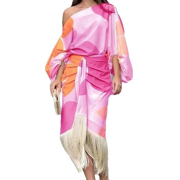 Floral Print Lantern Sleeve Top and Tassel Hem Midi Skirt Two-Piece Set