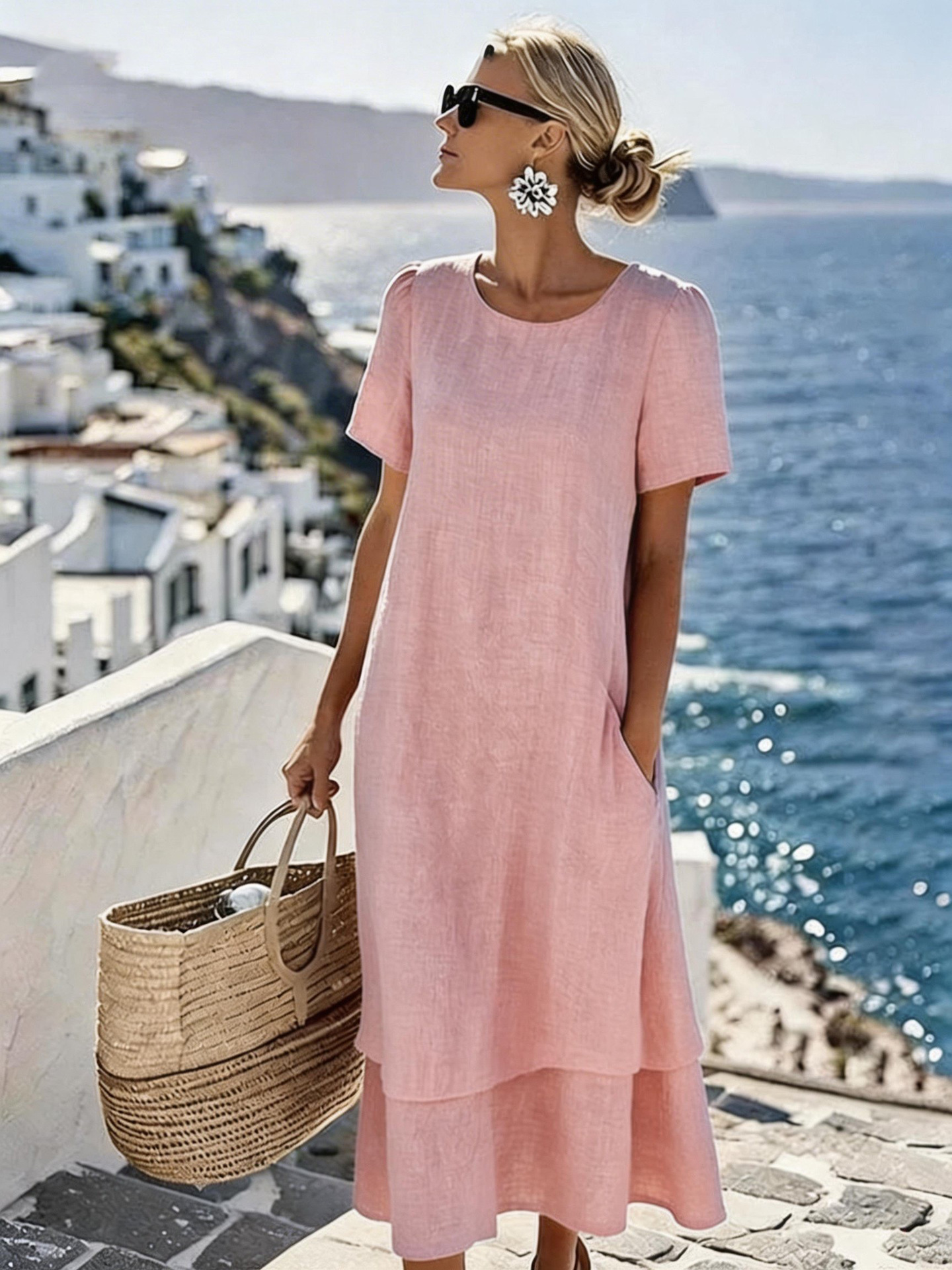 Women's Double-Layer Crew Neck Short Sleeve Midi Dress