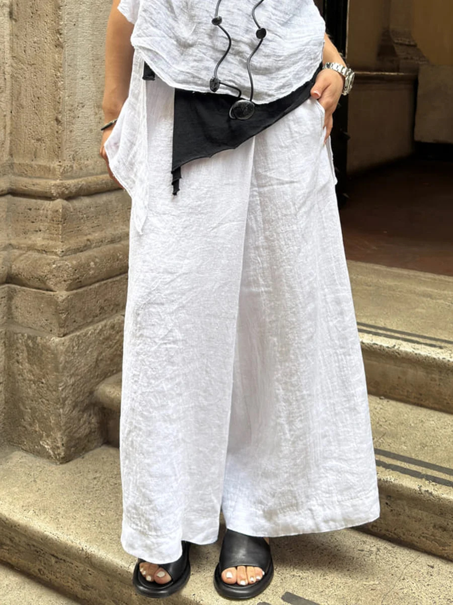 Women's Solid Color Wide-Leg Pants with Pockets and Elastic Waist