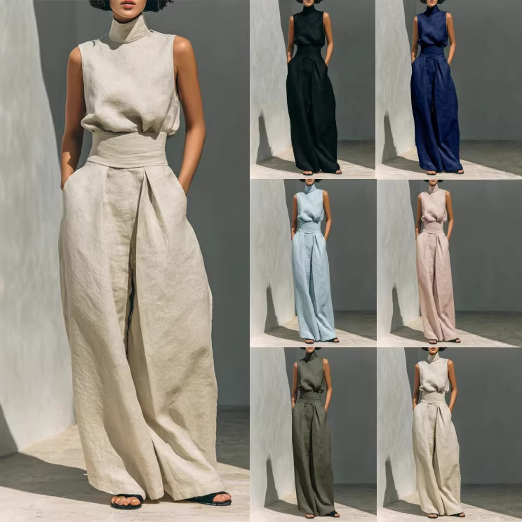 Cotton-Linen Sleeveless Top and Pants Casual Set