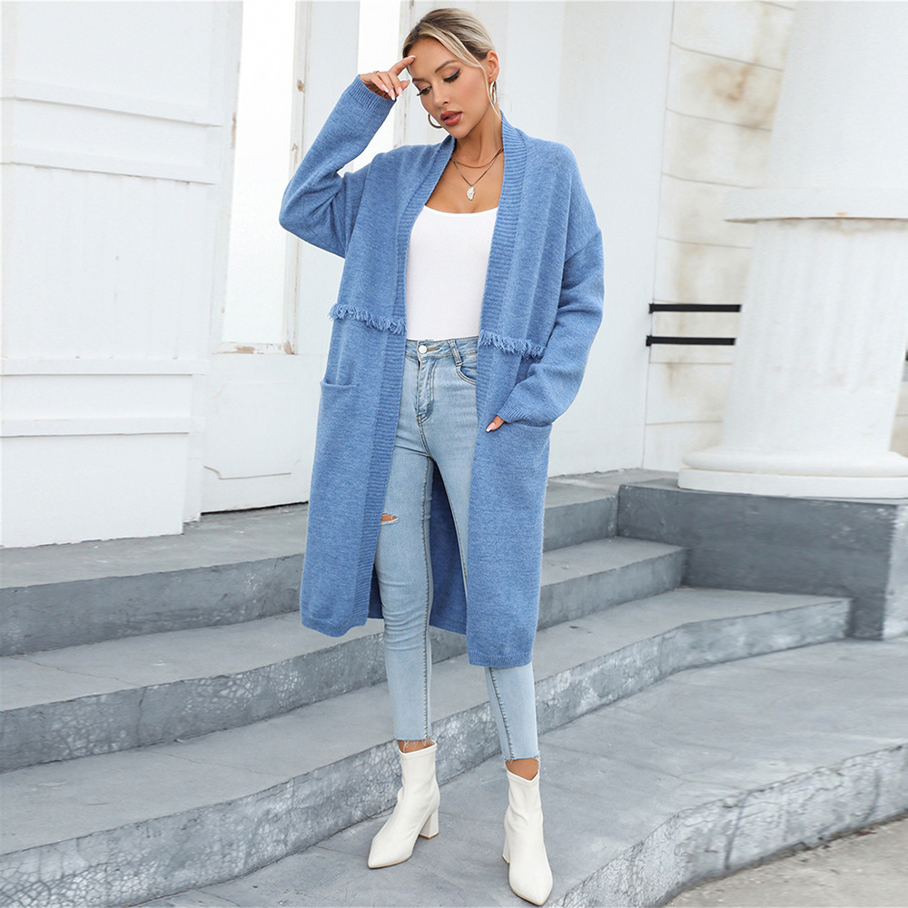 Women's Plus Size Long Fringe Cardigan Sweater with Pockets