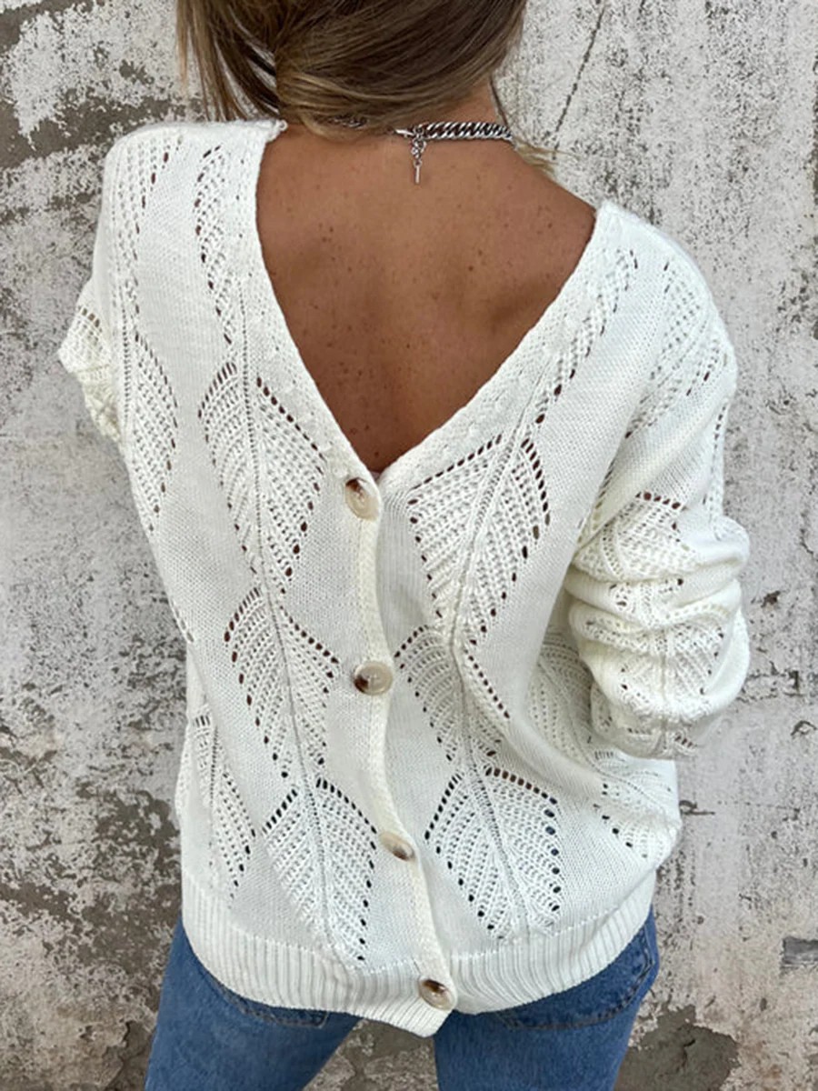 Openwork Leaf V-Neck Long-Sleeve Knit Sweater Women's Loose Double-Sided Wearable