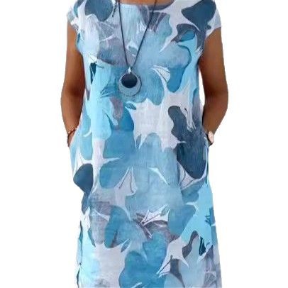 Floral Print Round Neck Loose Dress with Pockets