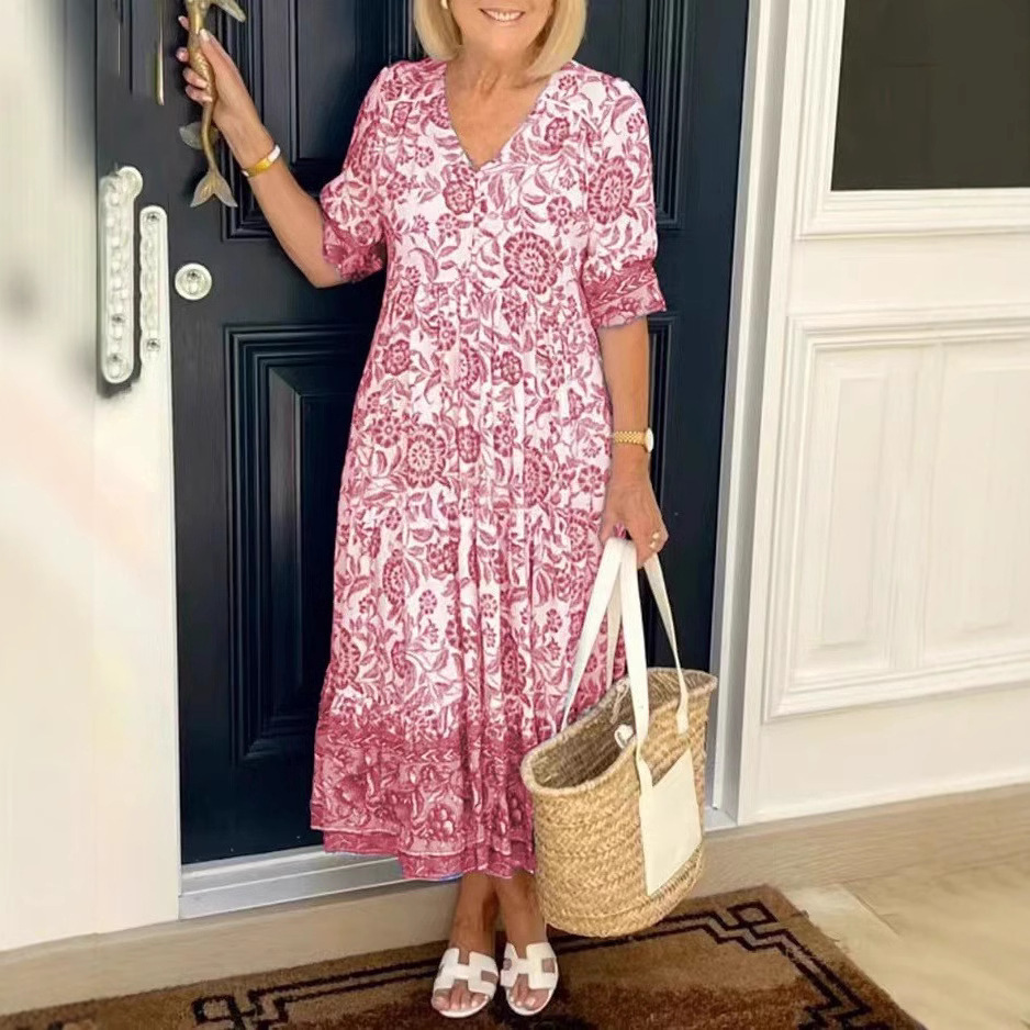 Women's Long Floral Tie-Dye Print Dress V-Neck Short Sleeve Commuter