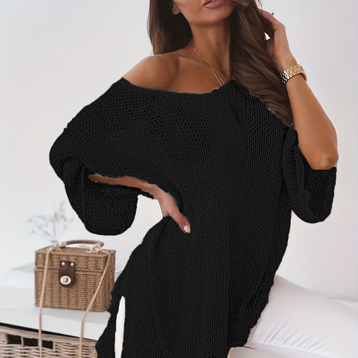 Women's Plus Size V-Neck Flared Sleeve Midi Sweater
